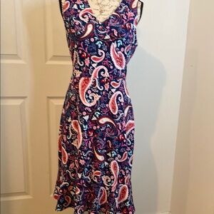SALE Talbots Blue and Pink Sheath Midi Dress V-Neck Sleeveless